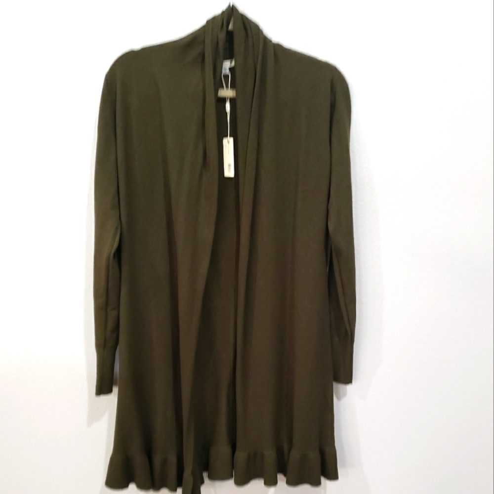 Essentials Milano Long Lined Open Front Cardigan w/Ruffle Ribbed Hem,Size Medium